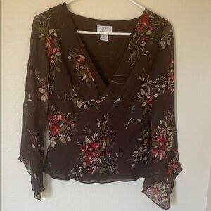 LOFT Women's Floral V-Neck Blouse - Black and Red